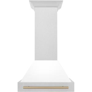 imageZLINE Autograph Edition 30 in Satin Stainless Steel Wall Mount Range Hood with White Matte Shell and Champagne Bronze Handle 8654SNZWM30CB