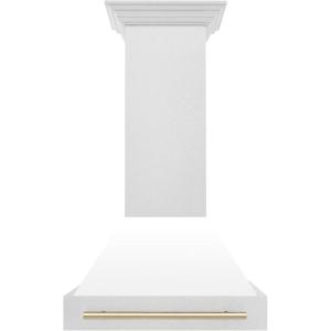 imageZLINE Autograph Edition 30 in Satin Stainless Steel Wall Mount Range Hood with White Matte Shell and Polished Gold Handle 8654SNZWM30G