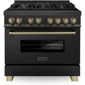 imageZLINE Autograph Edition 36 in 46 cu ft Legacy Dual Fuel Range with 6 Burner Gas Cooktop and Electric Convection Oven in Black Stainless Steel and Champagne Bronze Accents RABZ36CB