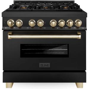 imageZLINE Autograph Edition 36 in 46 cu ft Legacy Dual Fuel Range with 6 Burner Gas Cooktop and Electric Convection Oven in Black Stainless Steel and Polished Gold Accents RABZ36G