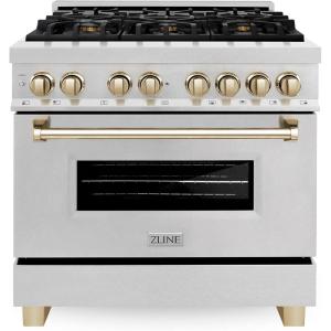 imageZLINE Autograph Edition 36 in 46 cu ft Legacy Dual Fuel Range with 6 Burner Gas Cooktop and Electric Convection Oven in Satin Stainless Steel and Polished Gold Accents RASZSN36G