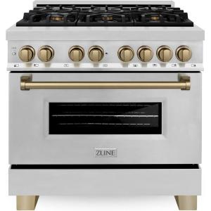 imageZLINE Autograph Edition 36 in 46 cu ft Legacy Dual Fuel Range with 6 Burner Gas Cooktop and Electric Convection Oven in Stainless Steel and Champagne Bronze Accents RAZ36CB