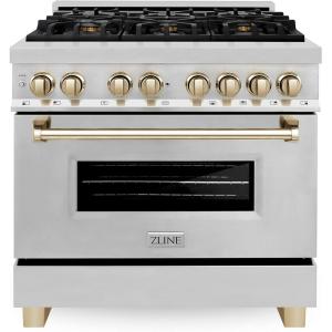 imageZLINE Autograph Edition 36 in 46 cu ft Legacy Dual Fuel Range with 6 Burner Gas Cooktop and Electric Convection Oven in Stainless Steel and Polished Gold Accents RAZ36G