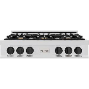 imageZLINE Autograph Edition 36 in Classic Gas Rangetop with 6 Burners and Porcelain Cooktop in Stainless Steel with Matte Black Accents RTZ36MB