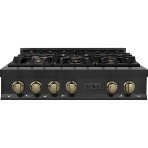 imageZLINE Autograph Edition 36 in Legacy Gas Rangetop with 6 Burners and Porcelain Cooktop in Black Stainless Steel with Champagne Bronze Accents RTBZ36CB