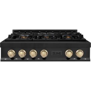 imageZLINE Autograph Edition 36 in Legacy Gas Rangetop with 6 Burners and Porcelain Cooktop in Black Stainless Steel with Polished Gold Accents RTBZ36G