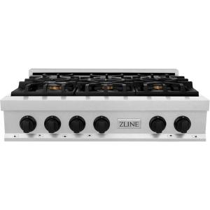 imageZLINE Autograph Edition 36 in Legacy Gas Rangetop with 6 Burners and Porcelain Cooktop in Satin Stainless Steel with Matte Black Accents RTSZ36MB