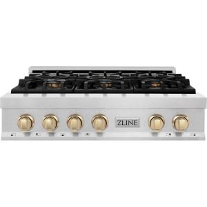 imageZLINE Autograph Edition 36 in Legacy Gas Rangetop with 6 Burners and Porcelain Cooktop in Satin Stainless Steel with Polished Gold Accents RTSZ36G