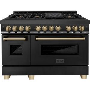 imageZLINE Autograph Edition 48 in 60 cu ft Legacy Dual Fuel Range with 7 Burner Gas Cooktop and 2 Electric Ovens in Black Stainless Steel and Champagne Bronze Accents RABZ48CB