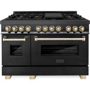 imageZLINE Autograph Edition 48 in 60 cu ft Legacy Dual Fuel Range with 7 Burner Gas Cooktop and 2 Electric Ovens in Black Stainless Steel and Polished Gold Accents RABZ48G