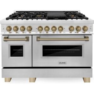 imageZLINE Autograph Edition 48 in 60 cu ft Legacy Dual Fuel Range with 7 Burner Gas Cooktop and 2 Electric Ovens in Stainless Steel and Champagne Bronze Accents RAZ48CB