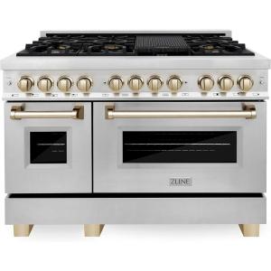 imageZLINE Autograph Edition 48 in 60 cu ft Legacy Dual Fuel Range with 7 Burner Gas Cooktop and 2 Electric Ovens in Stainless Steel and Polished Gold Accents RAZ48G