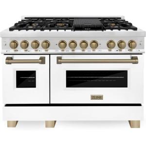 imageZLINE Autograph Edition 48 in 60 cu ft Legacy Dual Fuel Range with 7 Burner Gas Cooktop and 2 Electric Ovens in Stainless Steel with White Matte Doors and Champagne Bronze Accents RAZWM48CB