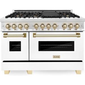 imageZLINE Autograph Edition 48 in 60 cu ft Legacy Dual Fuel Range with 7 Burner Gas Cooktop and 2 Electric Ovens in Stainless Steel with White Matte Doors and Polished Gold Accents RAZWM48G