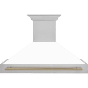 imageZLINE Autograph Edition 48 in Satin Stainless Steel Wall Mount Range Hood with White Matte Shell and Champagne Bronze Handle 8654SNZWM48CB