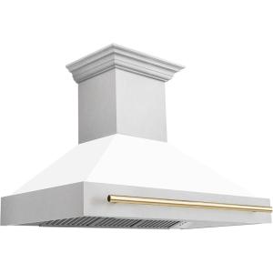 imageZLINE Autograph Edition 48 in Satin Stainless Steel Wall Mount Range Hood with White Matte Shell and Polished Gold Handle 8654SNZWM48G