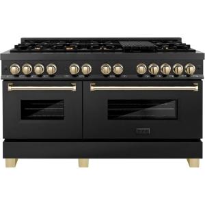 imageZLINE Autograph Edition 60 in 74 cu ft Legacy Dual Fuel Range with 9 Burner Gas Cooktop and 2 Electric Convection Ovens in Black Stainless Steel and Polished Gold Accents RABZ60G