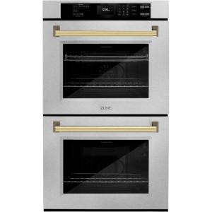 imageZLINE 30 in Autograph Edition Professional True Convection Double Wall Oven with Air Fry and Self Clean in Satin Stainless Steel with Polished Gold Handles WADSZ30G