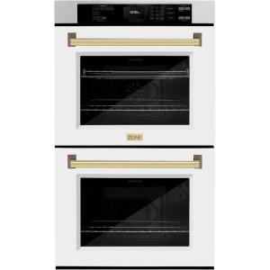 imageZLINE 30 in Autograph Edition Professional True Convection Double Wall Oven with Air Fry and Self Clean in Satin Stainless Steel with White Matte Doors and Polished Gold Handles WADSZWM30G