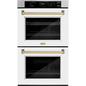 imageZLINE 30 in Autograph Edition Professional True Convection Double Wall Oven with Air Fry and Self Clean in Stainless Steel with White Matte Doors and Champagne Bronze Handles WADZWM30CB