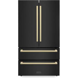 imageZLINE Autograph Edition 36 in 225 cu ft CounterDepth French Door Refrigerator with Ice Maker in FingerprintResistant Black Stainless Steel and Champagne Bronze Modern Handles RFMZ36BSFCB