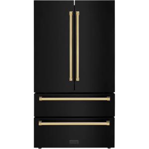 imageZLINE Autograph Edition 36 in 225 cu ft CounterDepth French Door Refrigerator with Ice Maker in FingerprintResistant Black Stainless Steel with Polished Gold Traditional Handles RFMZ36BSG