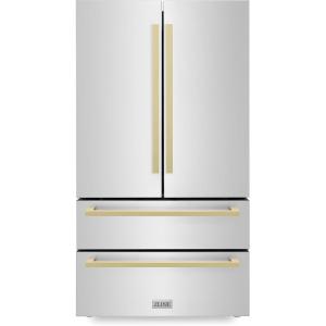 imageZLINE Autograph Edition 36 in 225 cu ft CounterDepth French Door Refrigerator with Ice Maker in FingerprintResistant Stainless Steel with Champagne Bronze Modern Handles RFMZ36FCB