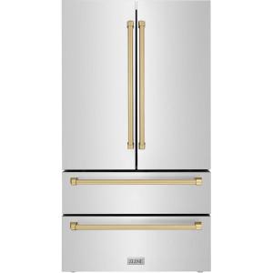 imageZLINE Autograph Edition 36 in 225 cu ft CounterDepth French Door Refrigerator with Ice Maker in FingerprintResistant Stainless Steel with Champagne Bronze Traditional Handles RFMZ36CB