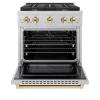 imageZLINE Autograph Edition 30 in 42 cu ft Paramount Gas Range with 4 Burner Cooktop and Convection Gas Oven in Satin Stainless Steel and Polished Gold Accents SGRSZ30G