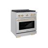imageZLINE Autograph Edition 30 in 42 cu ft Paramount Gas Range with 4 Burner Cooktop and Convection Gas Oven in Satin Stainless Steel and Polished Gold Accents SGRSZ30G