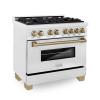 imageZLINE Autograph Edition 36 in 46 cu ft Legacy Dual Fuel Range with 6 Burner Gas Cooktop and Electric Convection Oven in Satin Stainless Steel and Champagne Bronze Accents RASZSN36CB