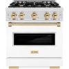 imageZLINE Autograph Edition 30 in 42 cu ft Classic Gas Range with 4 Burner Cooktop and Convection Gas Oven in Satin Stainless Steel with White Matte Door and Polished Gold Accents CGRSZWM30G