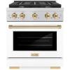 imageZLINE Autograph Edition 30 in 42 cu ft Paramount Gas Range with 4 Burner Cooktop and Convection Gas Oven in Stainless Steel with White Matte Door and Polished Gold Accents SGRZWM30G