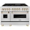 imageZLINE Autograph Edition 48 in 60 cu ft Legacy Dual Fuel Range with 7 Burner Gas Cooktop and 2 Electric Ovens in Satin Stainless Steel and Polished Gold Accents RASZSN48G