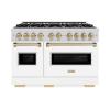 imageZLINE Autograph Edition 48 in 67 cu ft Classic Double Oven Gas Range with 8 Burner Cooktop in Stainless Steel with White Matte Doors and Champagne Bronze Accents CGRZWM48CB