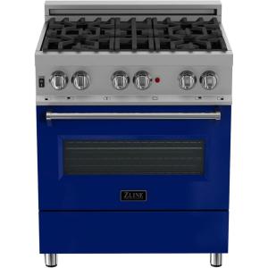 imageZLINE 30 in 40 cu ft Legacy Dual Fuel Range with 4 Burner Gas Cooktop and Electric Convection Oven in Satin Stainless Steel and Blue Gloss Door RASBG30