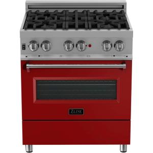 imageZLINE 30 in 40 cu ft Legacy Dual Fuel Range with 4 Burner Gas Cooktop and Electric Convection Oven in Satin Stainless Steel and Red Matte Door RASRM30