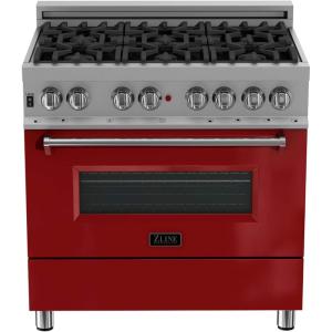 imageZLINE 36 in 46 cu ft Legacy Dual Fuel Range with 6 Burner Gas Cooktop and Electric Convection Oven in Satin Stainless Steel and Red Gloss Door RASRG36