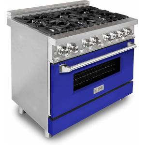imageZLINE 36 in 46 cu ft Legacy Dual Fuel Range with 6 Burner Gas Cooktop and Electric Convection Oven in Stainless Steel and Blue Matte Door RABM36
