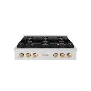 imageZLINE 36 in Autograph Edition Paramount Gas Rangetop with 6 Burners and Porcelain Cooktop in Satin Stainless Steel with Champagne Bronze Accents SRTSZ36CB