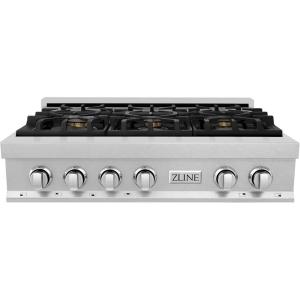 imageZLINE 36 in Legacy Gas Rangetop with 6 Brass Burners and Porcelain Cooktop in Satin Stainless Steel RTSBR36