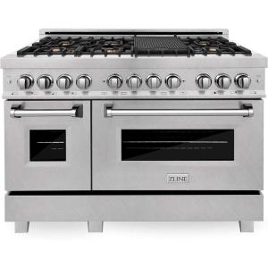 imageZLINE 48 in 60 cu ft Legacy Dual Fuel Range with Gas Cooktop and 2 Electric Ovens in Satin Stainless Steel with 6 Brass Burners RASSNBR48