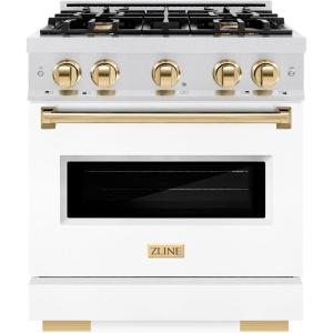 imageZLINE Autograph Edition 30 in 42 cu ft Classic Gas Range with 4 Burner Cooktop and Convection Gas Oven in Satin Stainless Steel with White Matte Door and Polished Gold Accents CGRSZWM30G