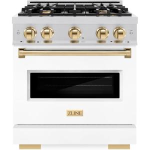imageZLINE Autograph Edition 30 in 42 cu ft Classic Gas Range with 4 Burner Cooktop and Convection Gas Oven in Stainless Steel with White Matte Door and Polished Gold Accents CGRZWM30G