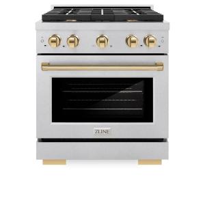 imageZLINE Autograph Edition 30 in 42 cu ft Paramount Gas Range with 4 Burner Cooktop and Convection Gas Oven in Satin Stainless Steel and Polished Gold Accents SGRSZ30G