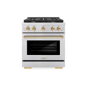 imageZLINE Autograph Edition 30 in 42 cu ft Paramount Gas Range with 4 Burner Cooktop and Convection Gas Oven in Stainless Steel and Polished Gold Accents SGRZ30G
