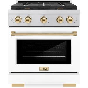 imageZLINE Autograph Edition 30 in 42 cu ft Paramount Gas Range with 4 Burner Cooktop and Convection Gas Oven in Stainless Steel with White Matte Door and Polished Gold Accents SGRZWM30G