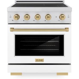imageZLINE Autograph Edition 30 in 42 cu ft Paramount Induction Range with 4 Element Cooktop and Electric Convection Oven in Satin Stainless Steel with White Matte Door and Champagne Bronze Accents