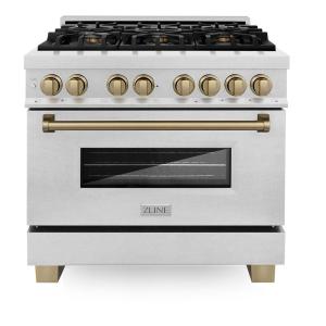 imageZLINE Autograph Edition 36 in 46 cu ft Legacy Dual Fuel Range with 6 Burner Gas Cooktop and Electric Convection Oven in Satin Stainless Steel and Champagne Bronze Accents RASZSN36CB