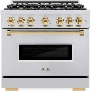 imageZLINE Autograph Edition 36 in 52 cu ft Classic Dual Fuel Range with 6 Burner Gas Cooktop and Electric Convection Oven in Stainless Steel with Polished Gold Accents CDRZ36G